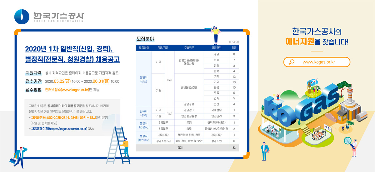 2020년 한국가스공사 1차 일반직 및 별정직 채용 신문광고  접수기간 : 5.22(금) 10:00~ 6.1(월) 10:00까지 접수방법 인터넷접수(www.kogas.or.kr)만 가능