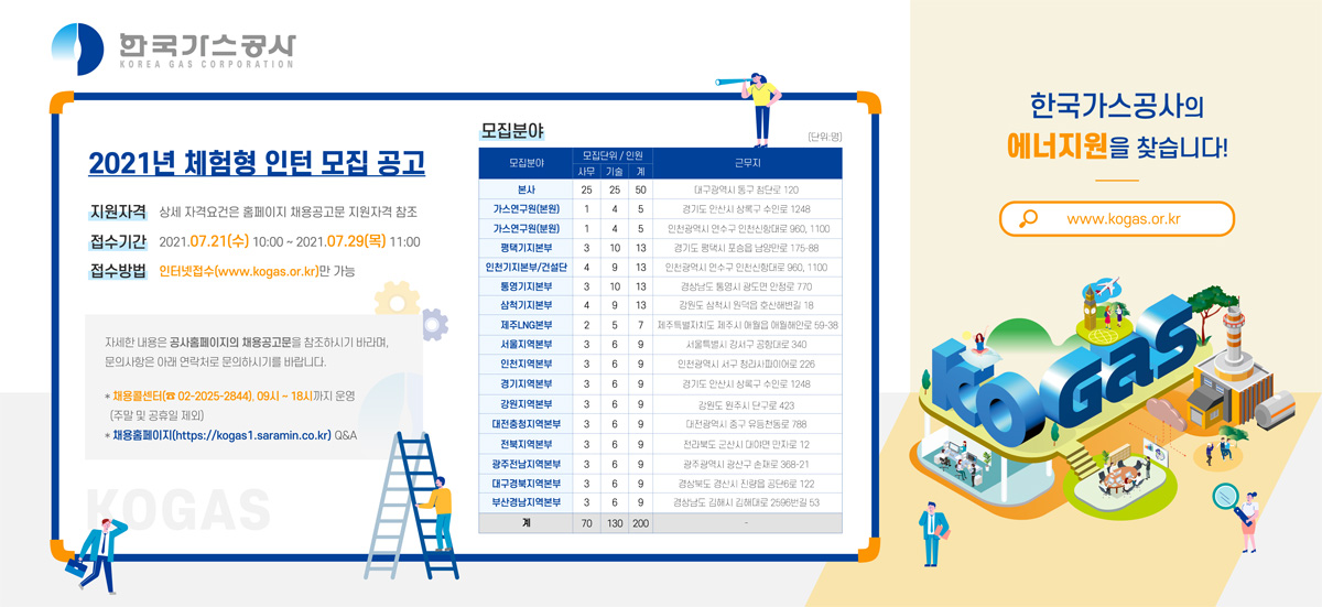 2021년 한국가스공사 체험형 인턴 모집 공고