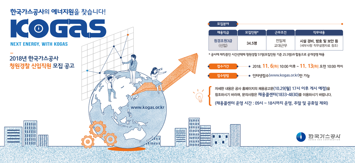 2018년 청원경찰 신입직원 모집 공고  접수기간 2018. 11. 6(화) 10:00 이후 ~ 11. 13(화) 오전 10:00까지 접수방법 인터넷접수(www.kogas.or.kr)만 가능