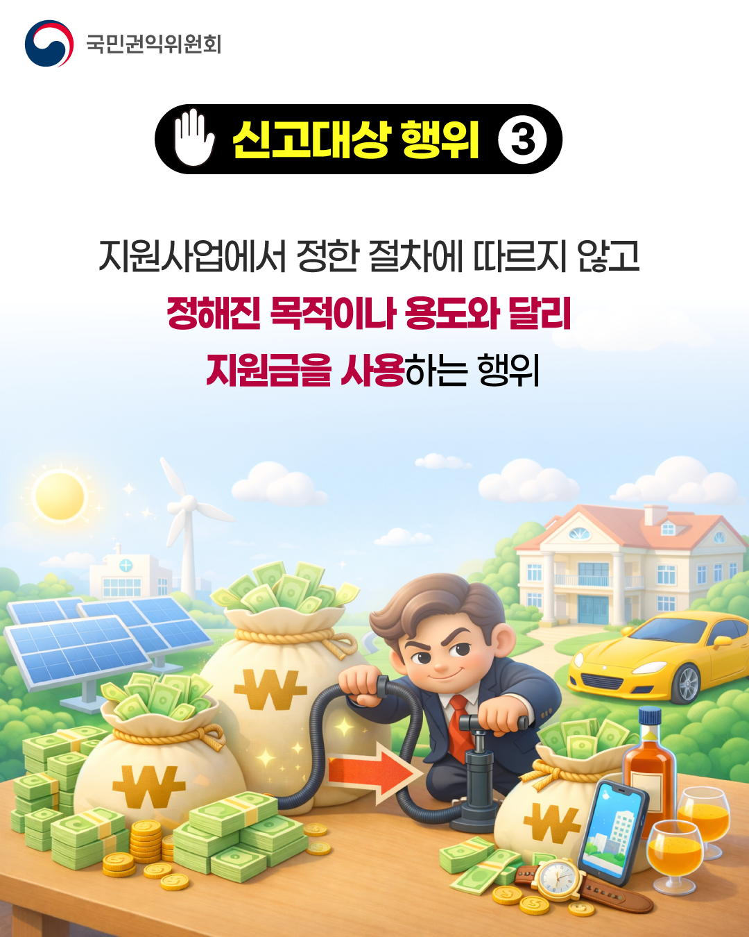 국민권익위원회 [신고대상 행위3] 지원사업에서 정한 절차에 따르지 않고 정해진 목적이나 용도와 달리 지원금을 사용하는 행위