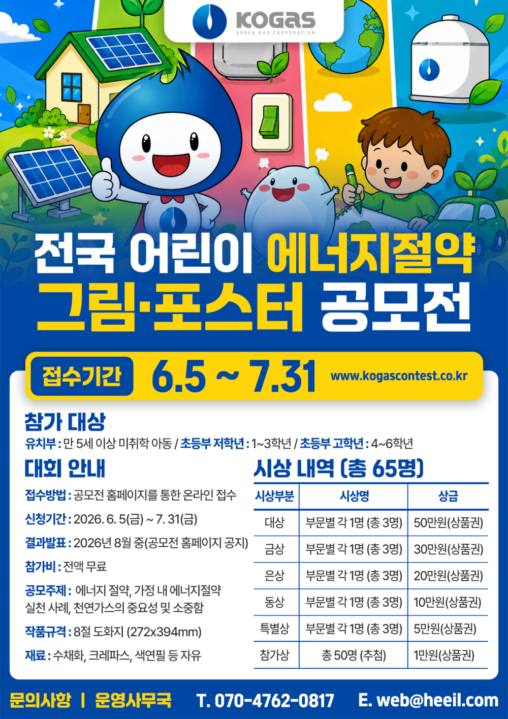 전국 어린이 에너지절약 그림 포스터 공모전 접수기간 6.5~7.31 www.kogas.contest.co.kr 참가대상 - 유치부 : 만 5세 이상 미취학 아동/초등부 저학년 : 1~3학년/초등부 고학년 : 4~6학년 대회 안내 - 접수방법 : 공모전 홈포이지를 통한 온라인 접수 신청기간 : 2026.6.5(금) ~ 6.31(금) 결과발표 : 2026년 8월중(공모전 홈페이지 공지) 참가비 : 전액무료 공모주제 : 에너지절약, 가정 내 에너지절약 실천사례, 천연가스의 중요성 및 소중함 작품규격 : 8절 도화지(272×394mm) 재료 : 수채화, 크레파스, 색연필 등 자유 문의사항 운영사무국 - 070-4762-0817 e.web@heeil.com