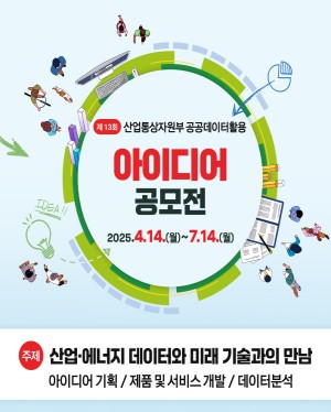 제13회 산업통상자원부 공공데이터 활용 아이디어 공모전 2025.4.14(월) ~ 7.14(월) 산업에너지 데이터와 미래 기술과의 만남 아이디어 기획/제품 및 서비스 개발/데이터분석
