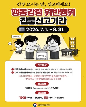 간부 모시는 날, 신고하세요! 행동강령 위반행위 집중신고기간 2026.7.1 ~ 8.31 신고대상 : 1. 간부 모시는 날(직원들이 순번을 정해 사비로 간부의 식사를 모시는 관행) 2. 간부 모시는 날에 수반되는 행동강령 위반행위 신고방법 : 청렴포털(www.clean.go.kr), 우편, 방문 신고상담 : 1398(부패신고 상담전화), 110(정부대표 민원전화)