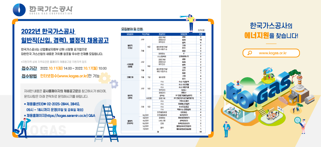 2022년 한국가스공사 일반직(신입, 경력), 별정직(전문직) 채용 공고