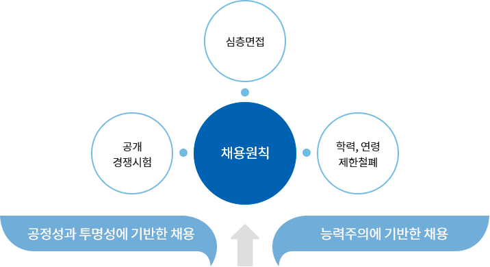 채용원칙 - 심층면접, 공정경쟁시험, 학력ㆍ연령 제한철폐(공정성과 투명성에 기반한 채용, 능력주의에 기반한 채용)